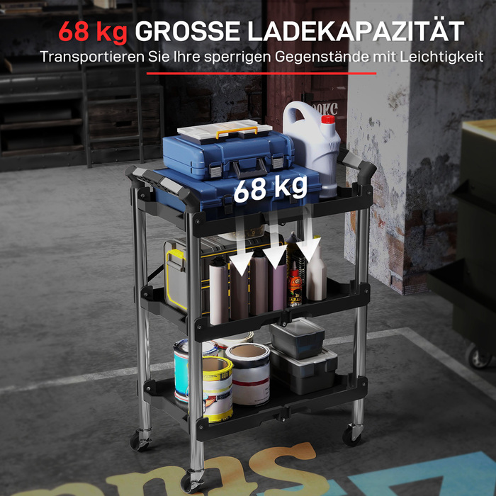 Інструментальний візок, складаний 3-ярусний, з пластиковим та сталевим корпусом, чорного кольору