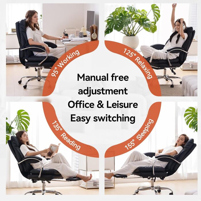 Офісний крісло EMIAH з підніжкою, комфортний крісло для роботи з підлокітниками, ергономічний крісло для начальника з PU шкіри та роликами, ігровий комп'ютерне крісло з потовщеною подушкою,(Чорний)