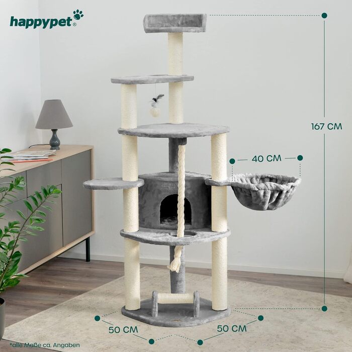 Кігтеточка HAPPYPET Mowgli 167 см, стовбури 9 см, виїмка XXL, ігрова мотузка та кігтеточка, сірий