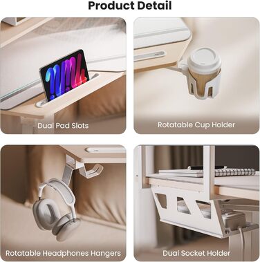 Ігровий стіл EUREKA ERGONOMIC 160x74 см з крилами, для ПК, з 2 відсіками для iPad, для дому, офісу, стрімінгу, білий акорн