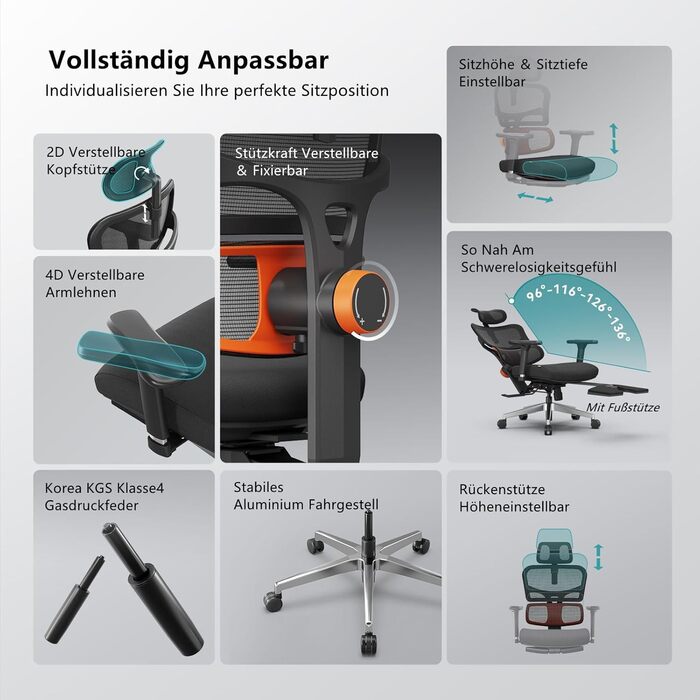 Офісне крісло Newtral Ergonomic, комп'ютерне крісло з регульованою підголівником та підлокітниками (чорний, NT002) + знімна стільниця