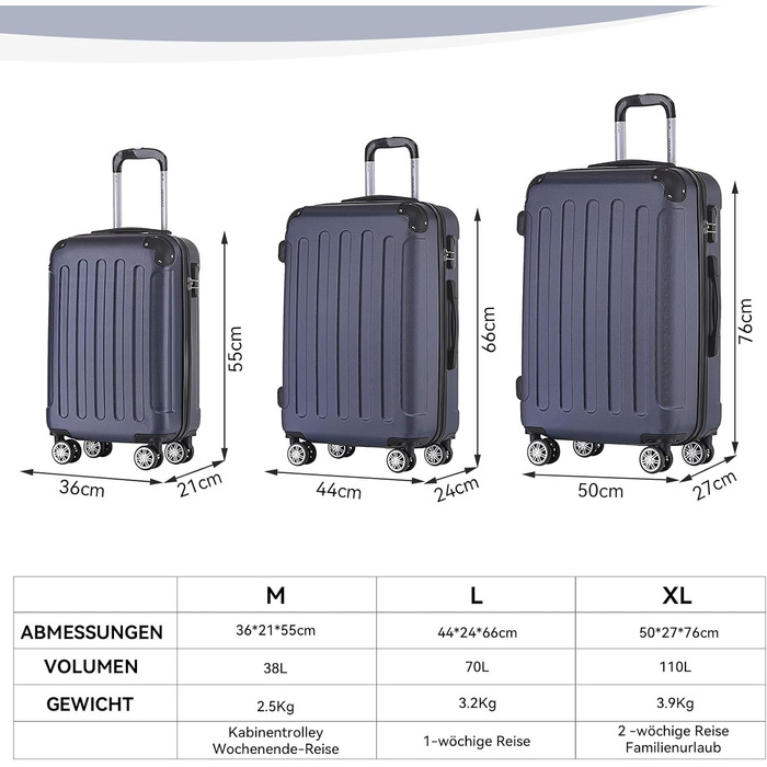 Дорожній кейс BEIBYE Twin Wheels Hardcase XL-L-M, 14 кольорів, темно-синій, великий (76 см)