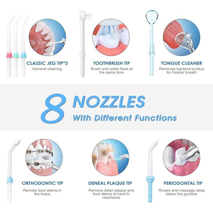 Електричний ірригатор для порожнини рота TUREWELL з 10 рівнями тиску та 8 насадками, IPX7, 600 мл, для дому (відбілювання)