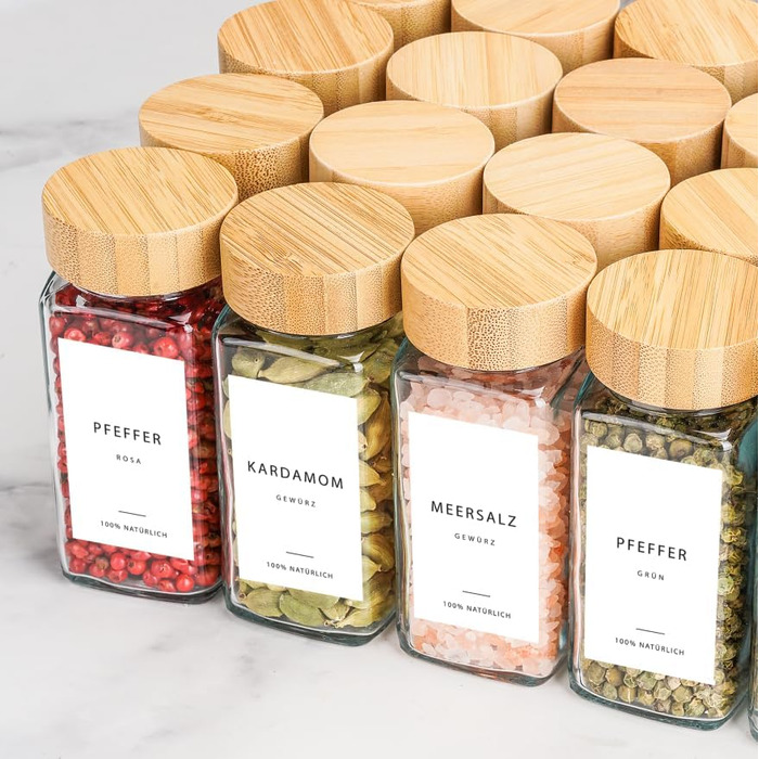 Набір баночок для спецій з дозатором [24 x 120 мл] з етикетками | Баночки для спецій з бамбуковими кришками, органайзер для зберігання, 24 шт.