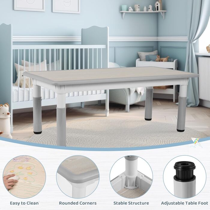 Дитячий стіл з 6 стільцями - дитячий меблевий набір для дитячого садка та кімнати, регульований стіл, пластикові меблі, комплект для хлопчиків та дівчаток (сірий)