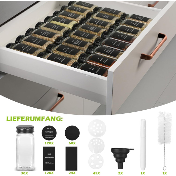 Набір контейнерів для спецій на 30 штук з мірками та вологостійкими етикетками, 120 мл, чорний, з кришками