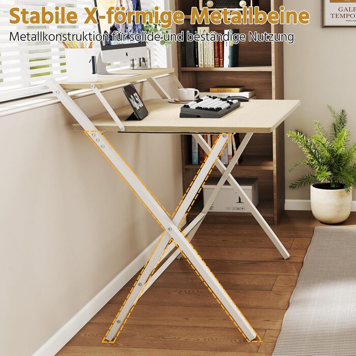 Зкладний стіл Yaheetech 80 см для комп'ютера з полицею, двоярусний робочий стіл з підставкою для монітора, стіл для ноутбука для дому/маленьких кімнат/вітальні, білий/80 см x 50 см, білий (світле дерево)