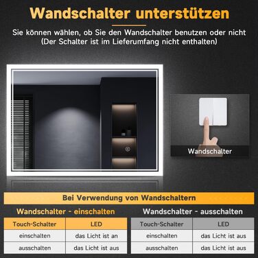Дзеркало для ванної кімнати SONNI з підсвічуванням 80x60 см, 3 кольори світла, проти запотівання, LED, сенсорна кнопка, годинник, температура, 3-кратне збільшення