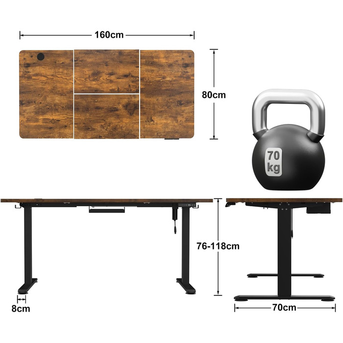 Електричний столик Devoko 160x80 см з USB-зарядкою, регульована висота, сталевий, 3 позиції пам'яті, панель керування, вінтажний колір (rustikales Braun)