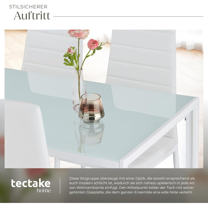 Набір меблів для кухні tectake: стіл та 4 стільці, білий колір, стільниця з безпечного скла, стільці з міцної екошкіри