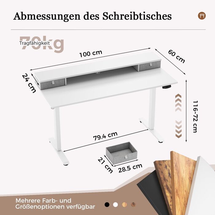 Регульований за висотою стіл Klicelor з двома висувними ящиками, електричний, для роботи стоячи, ергономічний, 100 x 60 см, білий
