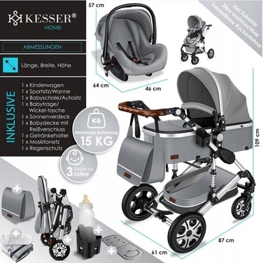 Дитячий візок Kesser 3в1, сірий