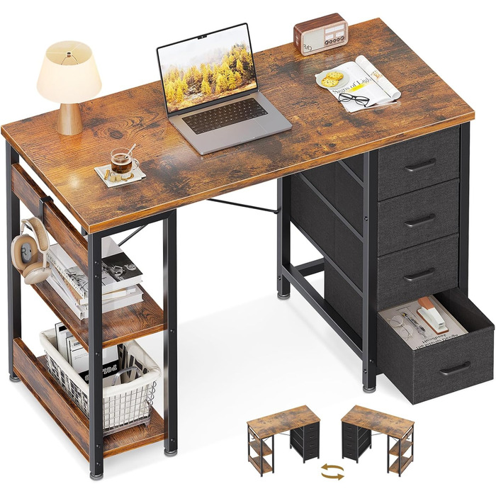 Компактний письмовий стіл Coleshome з 4 висувними ящиками, 100x40 см, з полицями, для офісу, кабінету, спальні, коричневий