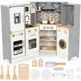 Дитяча дерев'яна кухня Mamabrum XXXL з LED-підсвічуванням та аксесуарами: мікрохвильова піч, посуд, столові прибори. Ігровий набір для дітей 3+