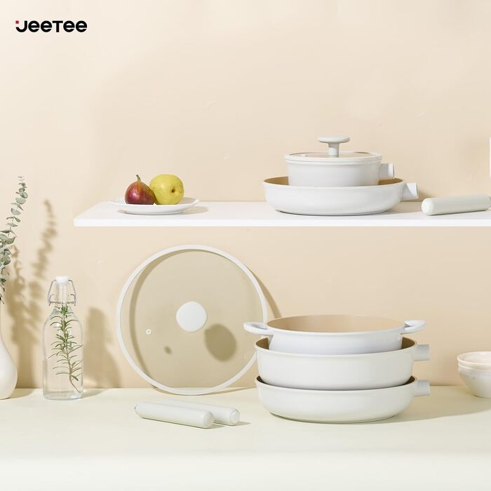 Набір посуду JEETEE 17 предметів з антипригарним покриттям Ceramic, знімні ручки. Каструлі 16/20/24 см, сковороди 24/28 см, глибока сковорода 28 см. Підходить для всіх типів плит, духовка, 17 предметів, бежевий