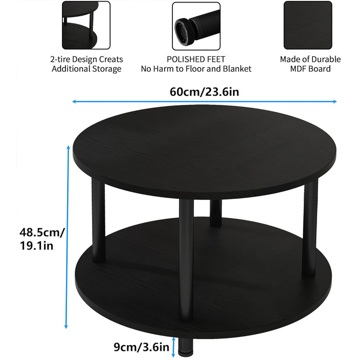 Журнальний столик круглий, 2 полиці, міцний метал/МДФ, 60x60x48.5 см, чорний