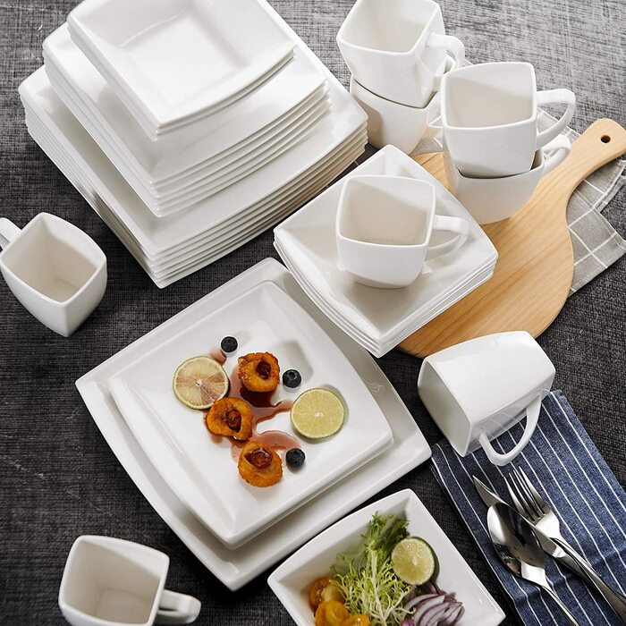 MALACASA Серія Flora – 60-елементний посуд для 12 осіб – кремово-білий порцеляновий сервіз з квадратним дизайном (тарілки, чашки, підтарілки) – придатний для миття в посудомийній машині та використання в мікрохвильовій печі, білий