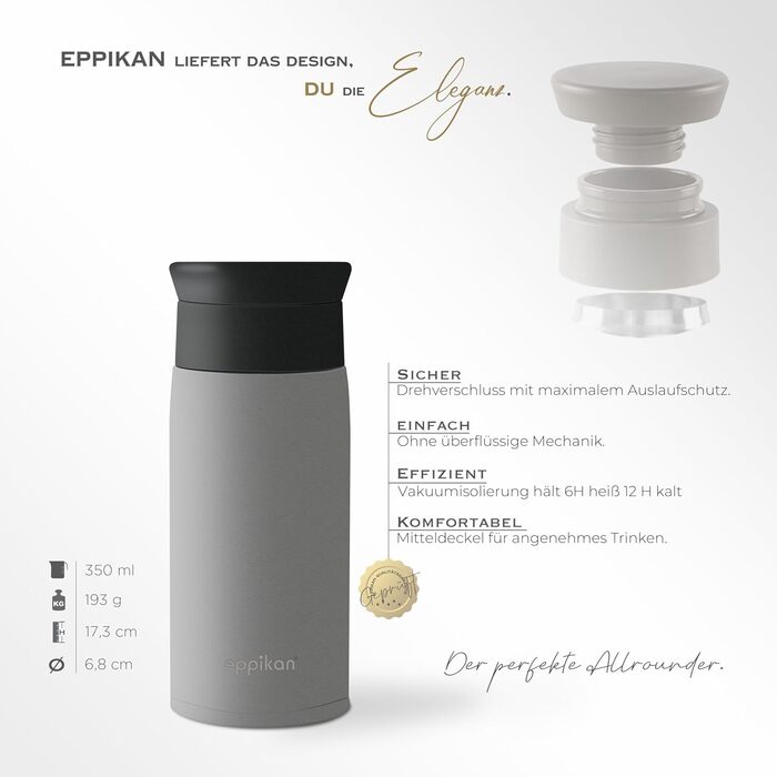Термокружка EPPICAN EppiToGo з нержавіючої сталі, 500 мл, Travel Mug, для подорожей та авто, витоки неможливі, гігієнічне відкриття 360° (Executive Grey)