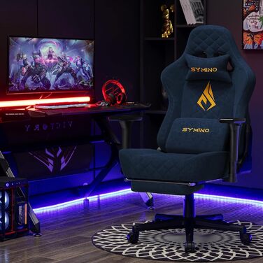 Ігровий крісло Symino, ергономічне, з дизайном гоночного авто, для ПК, вінтажне, з регульованою підніжкою, оббивка з PU-шкіри (блакитний)
