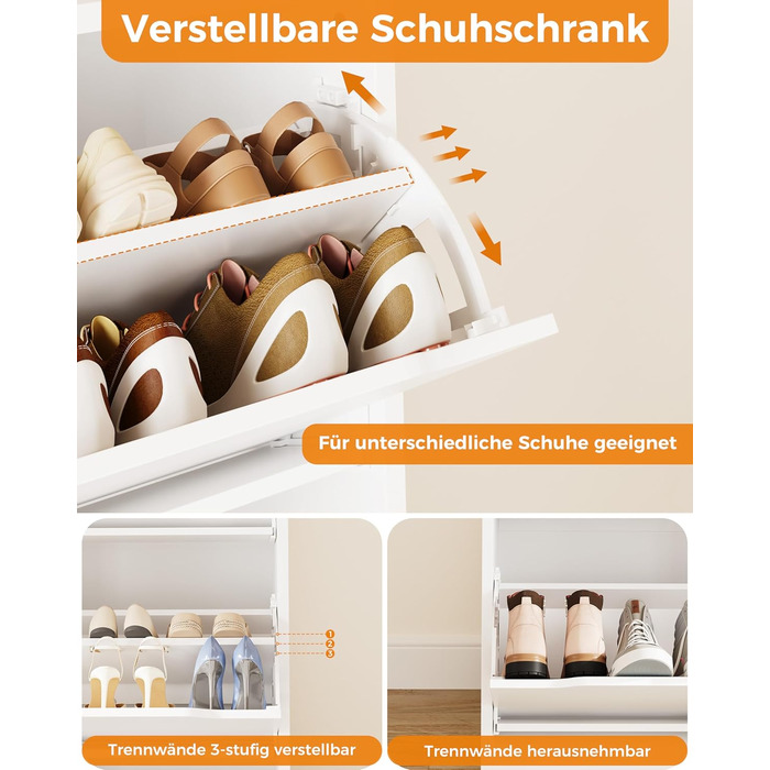 Шкаф для взуття IRONCK з 4 дверцятами, вузький, з 2 висувними ящиками, окремо розташований, з регульованими перегородками, для передпокою, входу та вітальні (Білий) 100*23.5*98 см, Білий