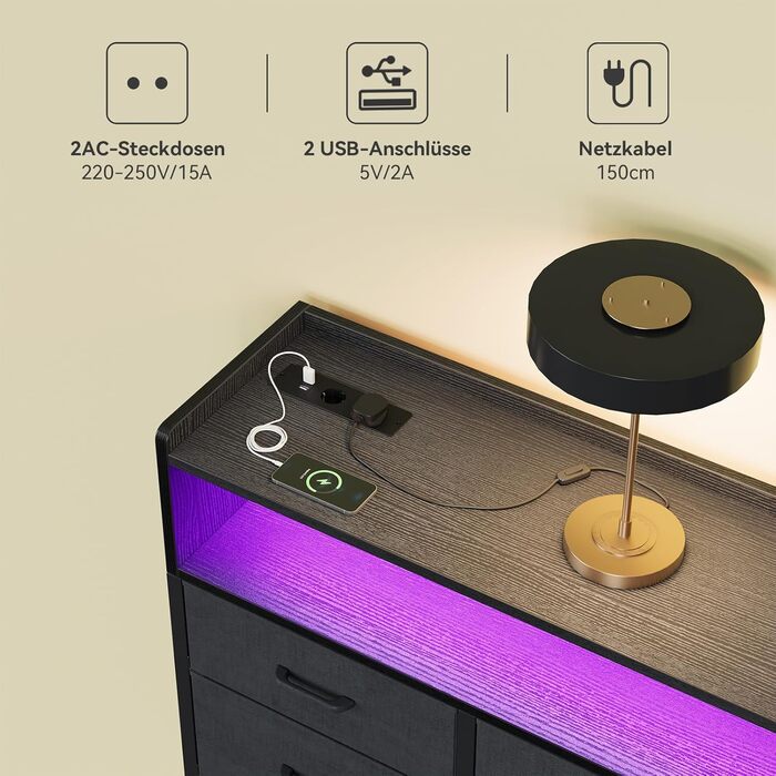 Комод ODK з шухлядами, 2 розетки, 2 USB, 10 LED-смужок, полиця, стільниця, 9 тканинних шухляд, чорний колір, 130x30x97 см