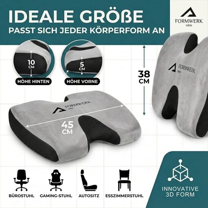 Ортопедична подушка для сидіння - Преміум ергономічна подушка для офісу та авто з 3D-піною Memory, сертифікат OEKO-TEX-100 (60-100 кг), сіра