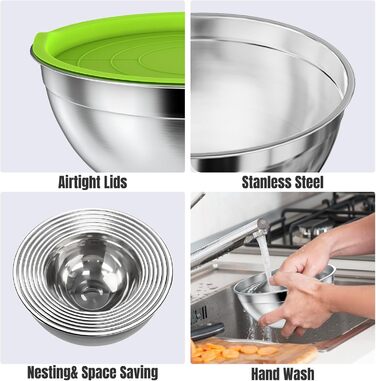 Набір мисок для змішування зі нержавіючої сталі (7 шт.) з кришками та 3 тертки - об'єм 4.5, 4, 3.5, 2.1, 1.5, 1.1, 0.7 QT. Набір кухонних помічників для приготування, випікання та подачі їжі. (Багатобарвний)