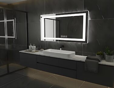 Дзеркало для ванної кімнати Luminorcrest з підсвічуванням, прямокутне 60 x 80 см, LED, 3 кольори, диммування, сенсорне управління, антизапар, CRI90+, загартоване скло, бічне та заднє підсвічування