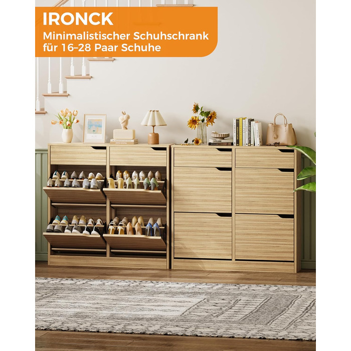 Шкаф для взуття IRONCK з 4 дверцятами, вузький, з 2 висувними ящиками, окремо розташований, з регульованими перегородками, для прихожого, входу та вітальні (білий). Матеріал: дерево. Розміри: 100x23.5x98 см