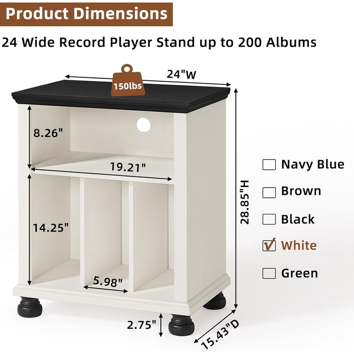 Стійка для програвача LELELINKY: полиця для 200 платівок, дерев'яний стіл для вітальні, спальні, офісу, білий