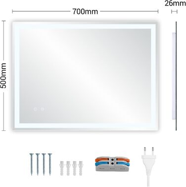 Дзеркало для ванної кімнати з підсвічуванням 80x60 см, LED, 3 кольори світла, диммування, захисне скло, сенсорне управління, функція пам'яті, антизапар, дзеркало для ванної кімнати з LED-підсвічуванням