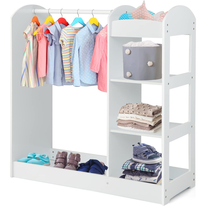 Дитяча шафа DREAMADE з дзеркалом та штангою для одягу, з 4 відкритими полицями, 93,5x38x100 см (Біла)