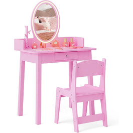 Дитячий туалетний столик DREAMADE з LED-дзеркалом та ніжками з бука, принцесовий туалетний столик з шухлядою та стійкою для прикрас, дитячий туалетний столик з пуфом для дівчаток (Рожевий)