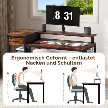 Ігровий стіл Oak & Tea 120x52 см з ящиками, регульованою полицею та тримачем для монітора – для навчання, ігор, роботи та дому. Колір: коричневий та чорний (вінтажний).