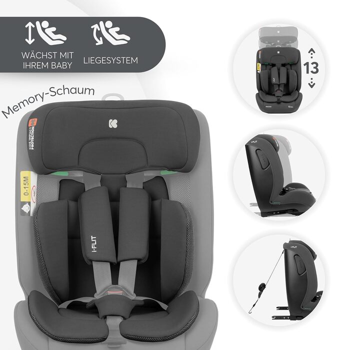 Автокрісло KikkaBoo i-Size i-FLIT 9-36 кг ISOFIX, Група 1/2/3, 15 міс. - 12 років, SPS, Top Tether, регульована підголовник, темно-сірий