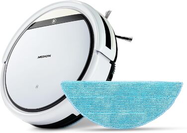 Робот-пилосос MEDION з функцією миття підлоги (90 хв роботи, 2-в-1, для твердих підлог, килимів, плитки, ламінату, оптимізований для шерсті тварин, повернення на зарядну станцію, MD 18501) білий