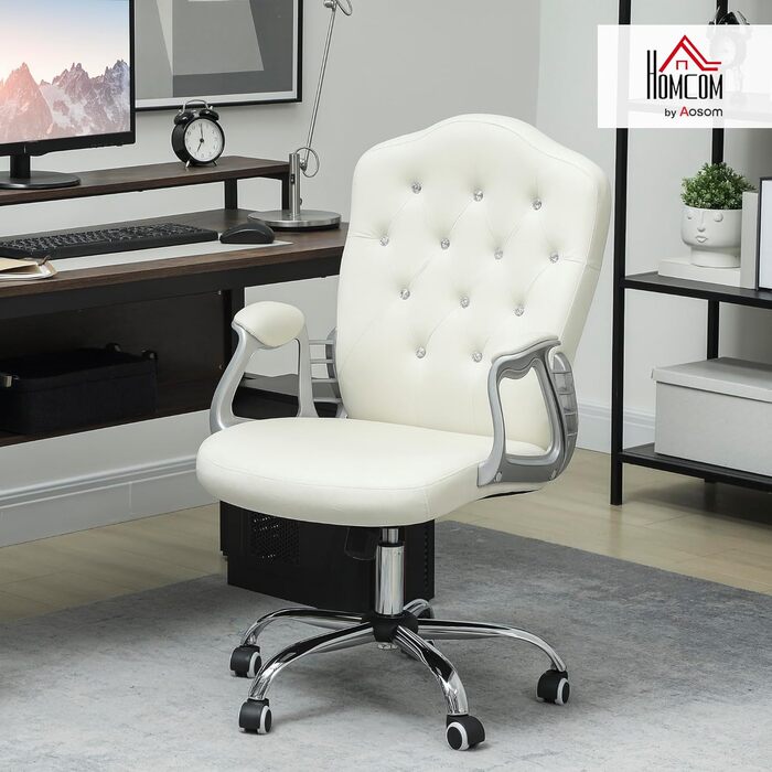 Крісло офісне Vinsetto з велюровою оббивкою, комп'ютерне крісло з кнопковою спинкою, регульована висота та нахил (кремовий)