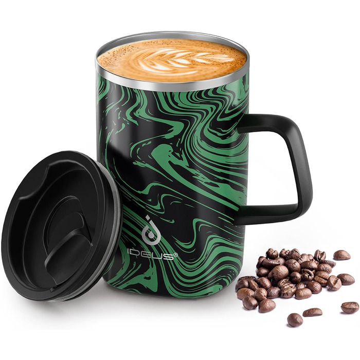 Кружка для кави та чаю Ideus® 470 мл (16 oz) з подвійними стінками, з нержавіючої сталі, з нековзним ручним тримачем та кришкою-відкидним модулем, великий об'єм (Червоний Зебра) (Зелений Зебра)