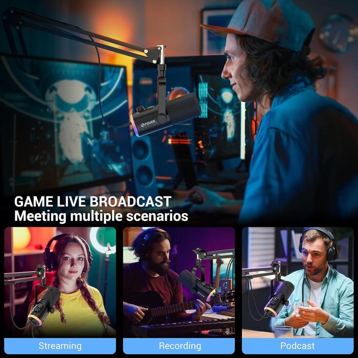 Мікрофон ігровий FDUCE з USB/XLR підключенням, RGB-підсвічуванням та регулюванням Gain для стрімінгу, запису подкастів та ігор (D30+)