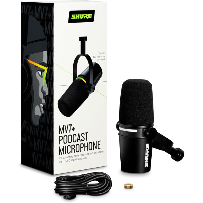 Мікрофон Shure MV7+ для подкастів, студійний, USB-C/XLR, LED-панель, авто-рівень, цифровий поп-фільтр, ефекти, для запису, стрімінгу, чорний