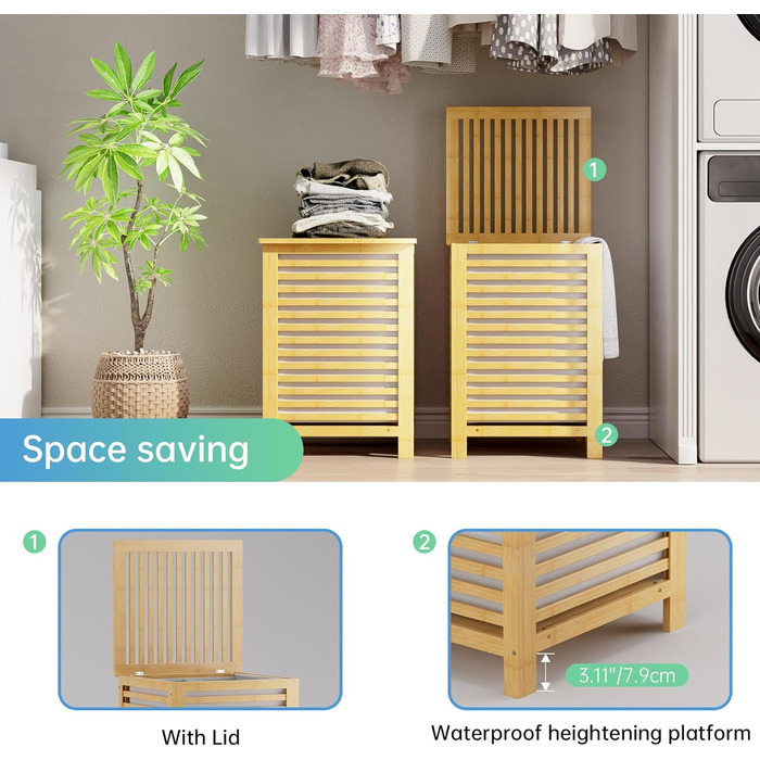 Кошик для білизни з бамбука SMIBUY з кришкою для зберігання одягу, іграшок та рушників (горіх, натуральний)