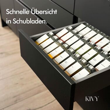 Спеція органайзер KIVY з полицями та скляними баночками | 24 баночки з етикетками, регульований, підходить для всіх ящиків | Спеції з полицями | Організатор для спецій у ящик, чорний ковпачок (склянки + полиця) (Нержавіюча сталь (склянки + полиця))