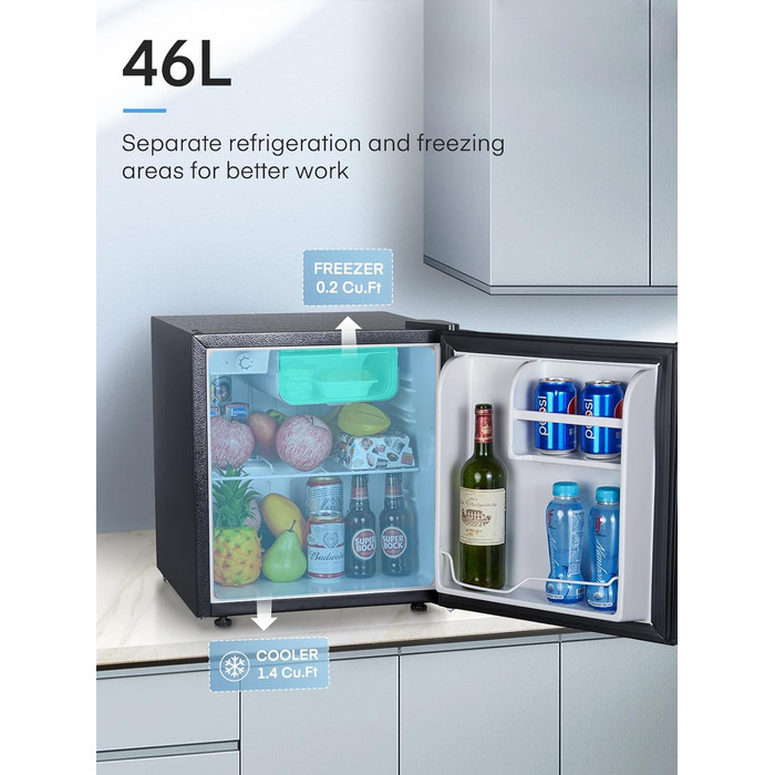 Міні-холодильник E 46L з морозильною камерою, енергоощадний, регулювання температури, рівень шуму 42 дБ, чорний — для офісу, кухні та спальні