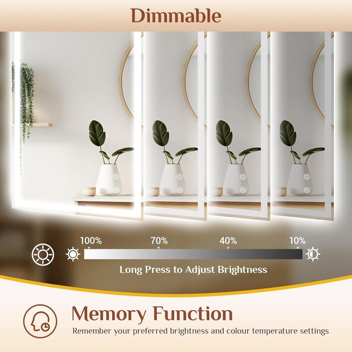 Дзеркало для ванної кімнати Clevich з підсвічуванням 80x60 см, LED, 3 кольори світла, диммування, захисне скло, сенсорне управління, функція пам'яті, антизапар, 120L x 60B см