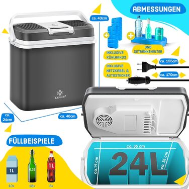 Автомобільний термобокс KESSER 24л: Електричний холодильник/грілка 12/230V для авто, човна, кемпінгу. Режими ECO та MAX, колір антрацит