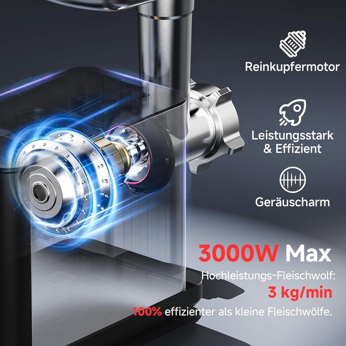 Електрична м'ясоподрібнювач AAOBOSI 3000W з LED-дисплеєм, 9 швидкостей, з нержавіючої сталі, для дому, з насадкою для ковбас та кіббе, інтегрований контейнер, сріблястий