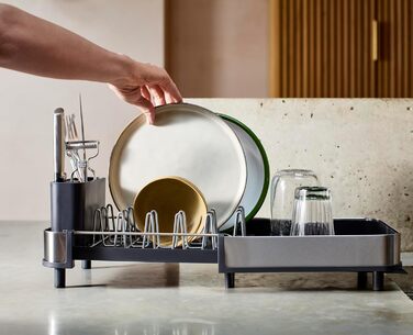 Сушарка для посуду Joseph Joseph Extend Slim з нержавіючої сталі, висувна, компактна, з підставкою для столових приборів та поворотним зливом, сіра