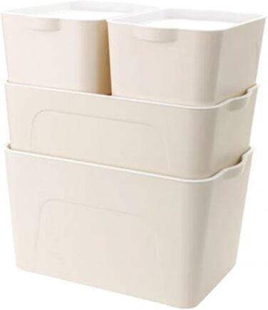 Коробки для замовлення RMAN, коробка для зберігання з кришкою, набір з 4 кухонних органайзерів Пластикова коробка з кришкою 15 л штабельовані пластикові ящики для кухні, спальні, ванної кімнати, зберігання - білий (C-khaki)