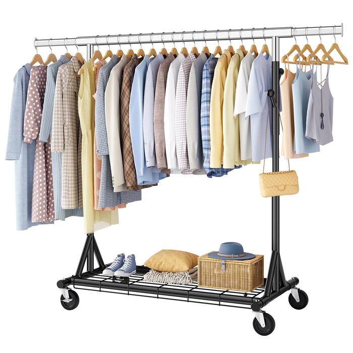 Стійка для одягу на колесах FAVOOOSTY, металева, мобільна, до 200 кг, чорна, 1 перекладина