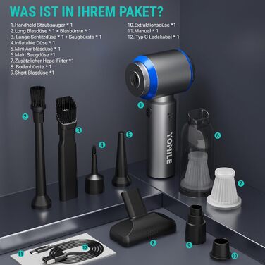 Акумуляторний ручний пилосмок Yomile 4 в 1, безщітковий двигун 25000Па, 3 рівні потужності для авто, дому, офісу та шерсті тварин